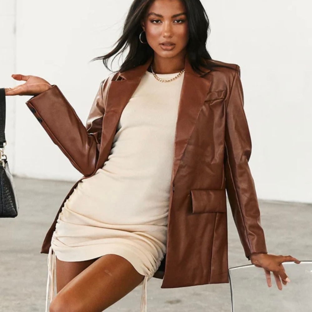 7 For All Mankind Vegan Faux Leather Double Breasted Blazer in Cognac Brown